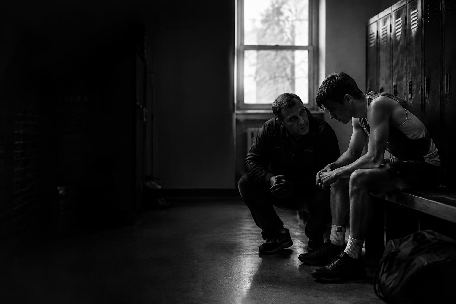 A coach crouching beside an athlete in a quiet locker room